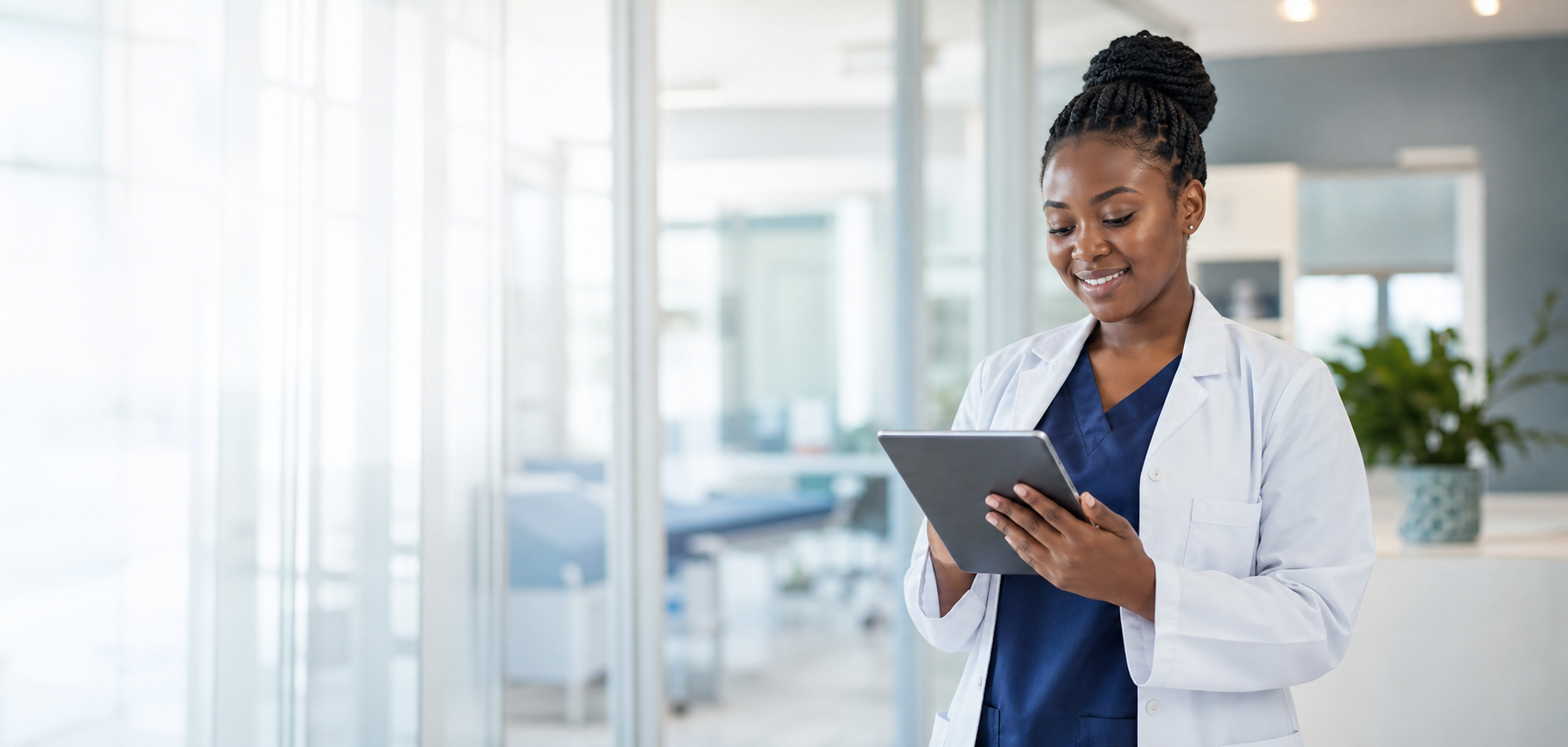 BUSE clinician using a tablet in a modern clinic